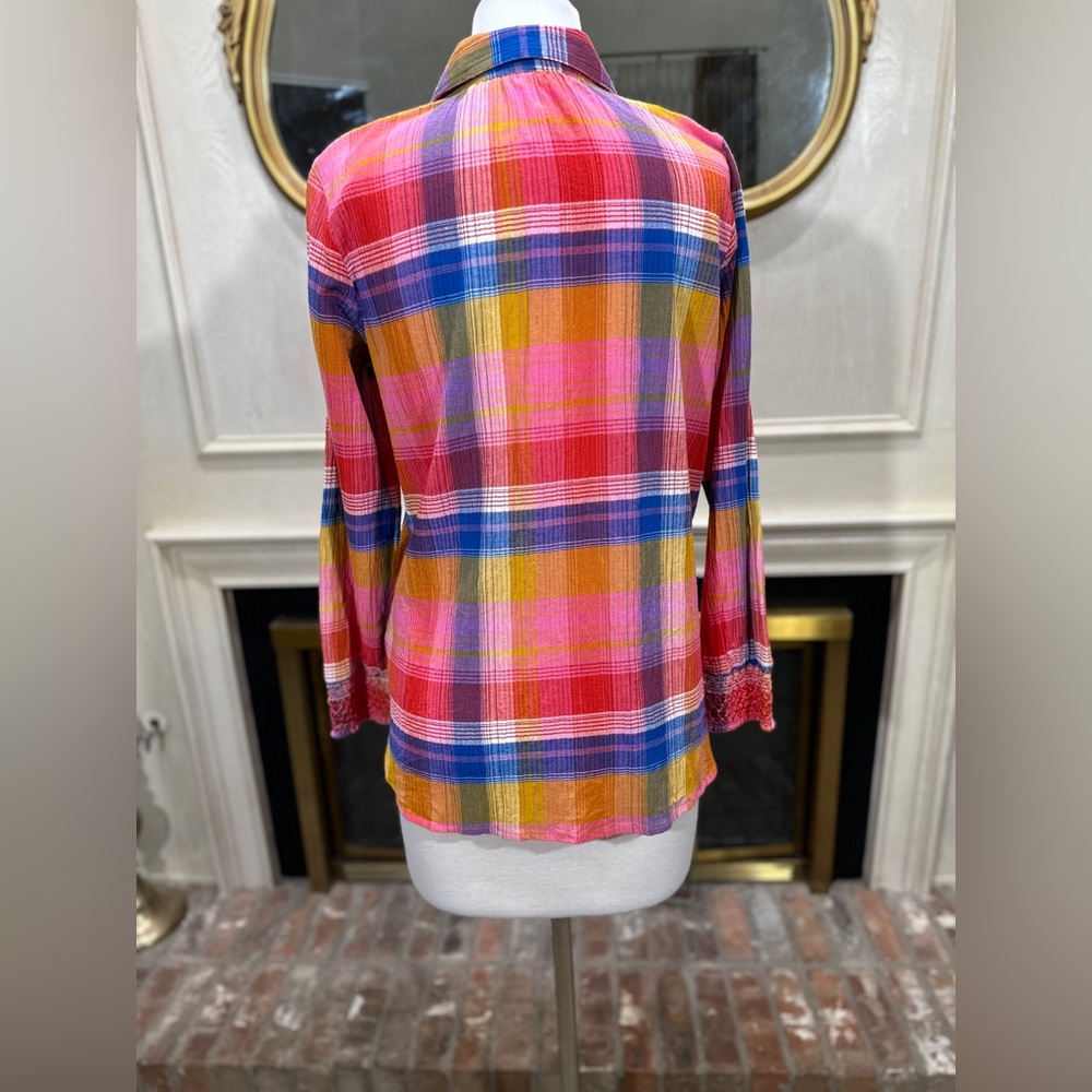 Soft Surroundings Sansonne Rainbow Plaid‎ Crinkle Blouse M - Picture 7 of 11